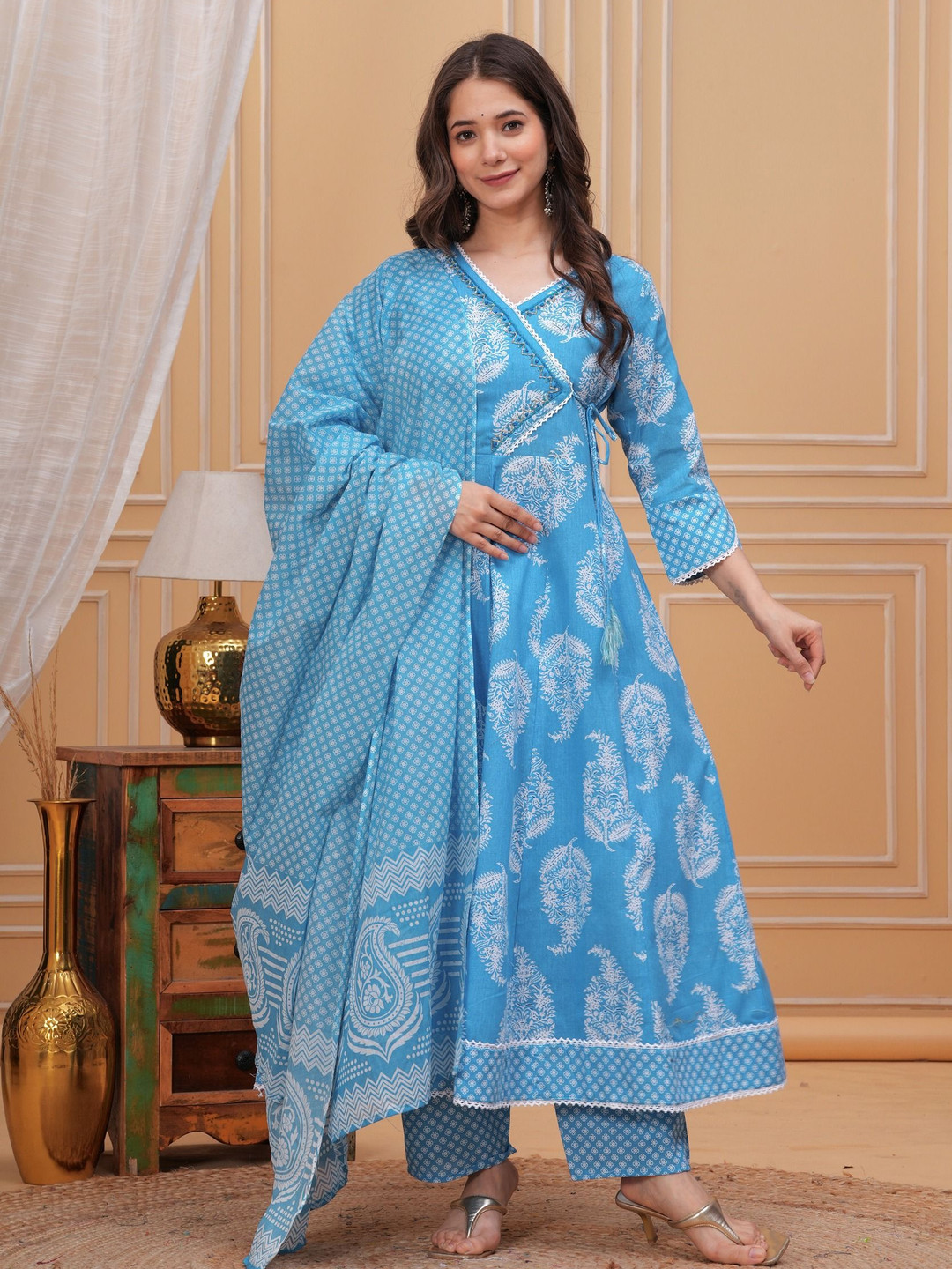 Cotton Calf Length Printed 3/4 Sleeves Angrakha Anarkali Kurta Suit Set With Dupatta