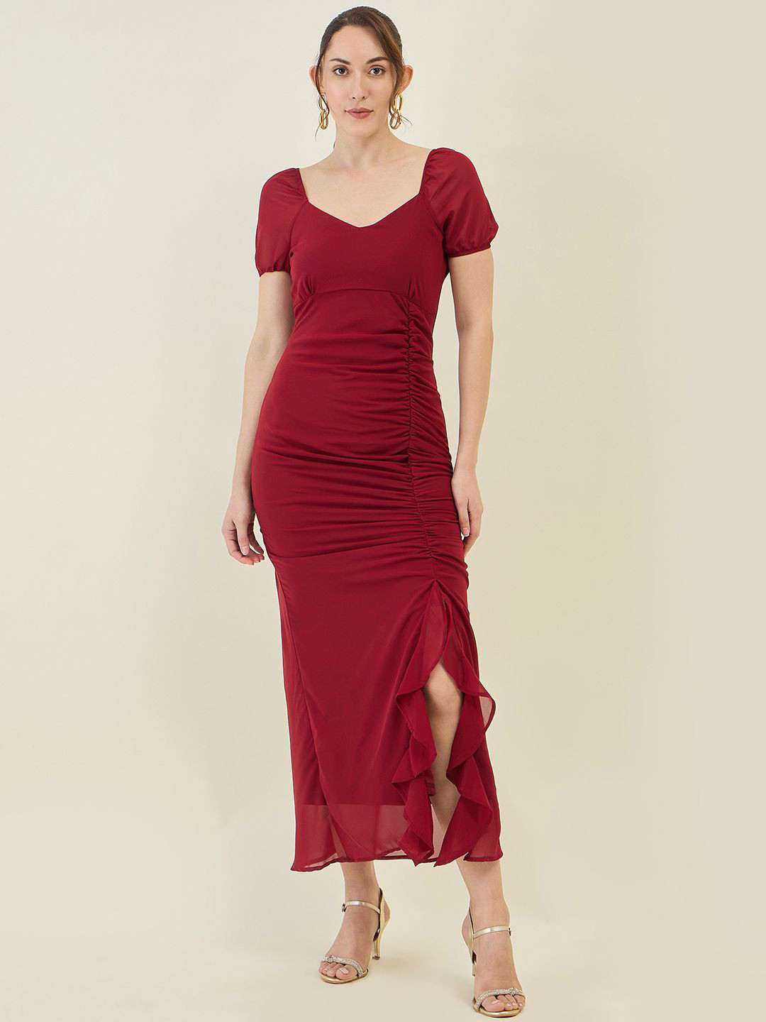 AAYU Satin Puff Sleeve Midi Dress