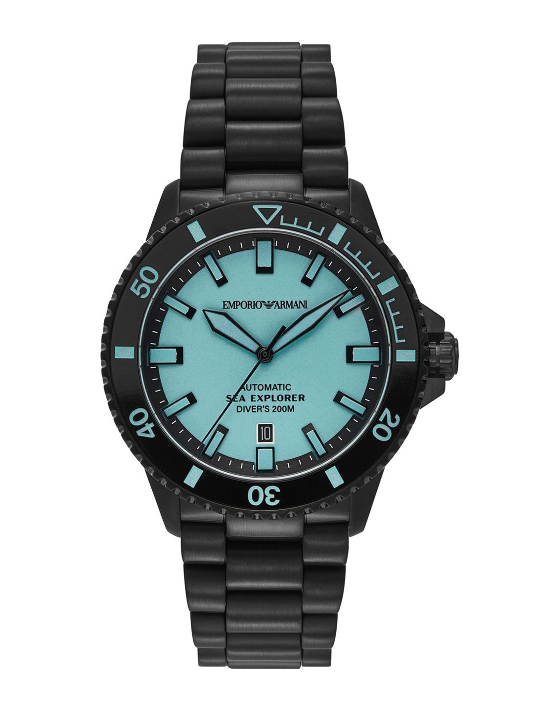 Emporio Armani Sea Explorer Turquoise Blue Dial Black Steel Strap Watch for Men - AR60084