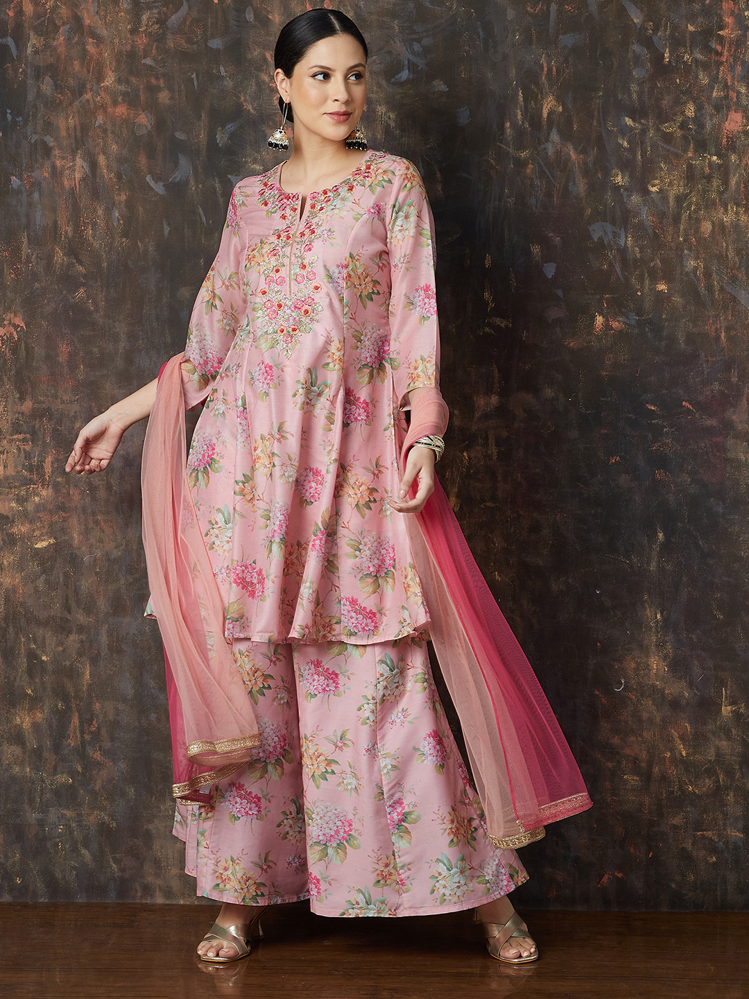 Women Floral Printed Thread Work Kurta With Palazzos & Dupatta Set