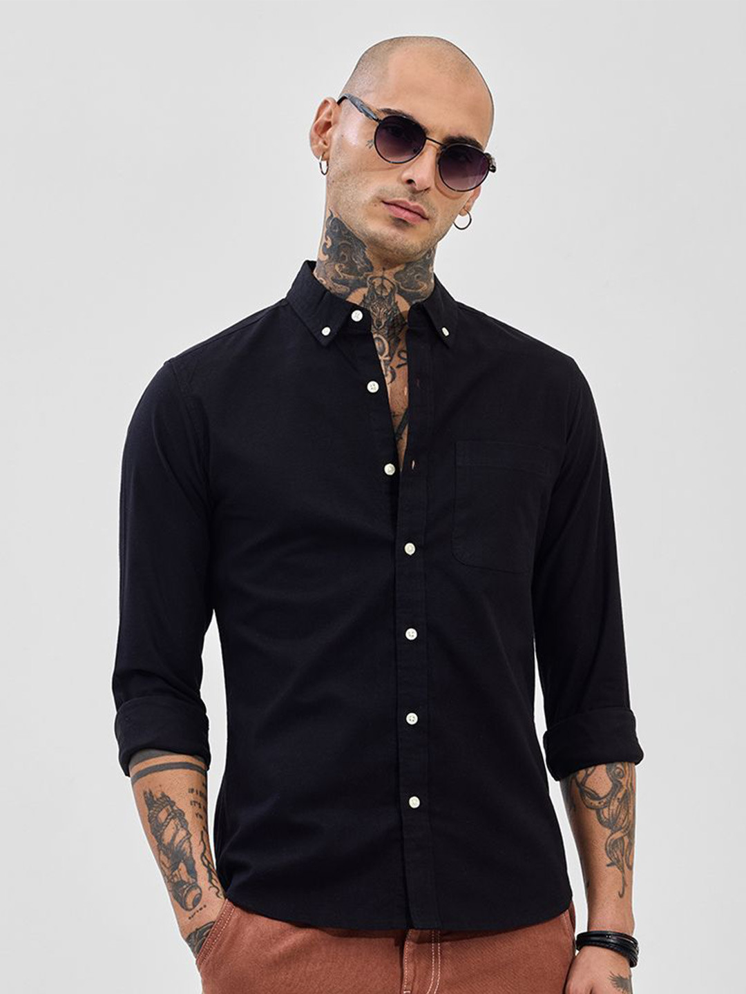Men's Button Down Collared Neck Eyelet Knit Shirt