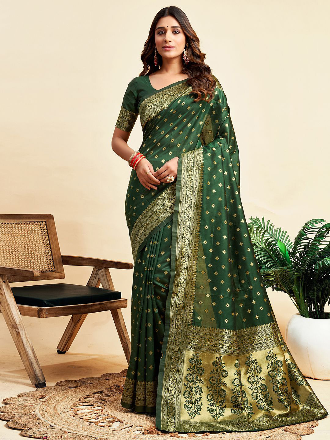 Green Woven Design Ethnic Motifs Zari Satin Banarasi Saree main image 0