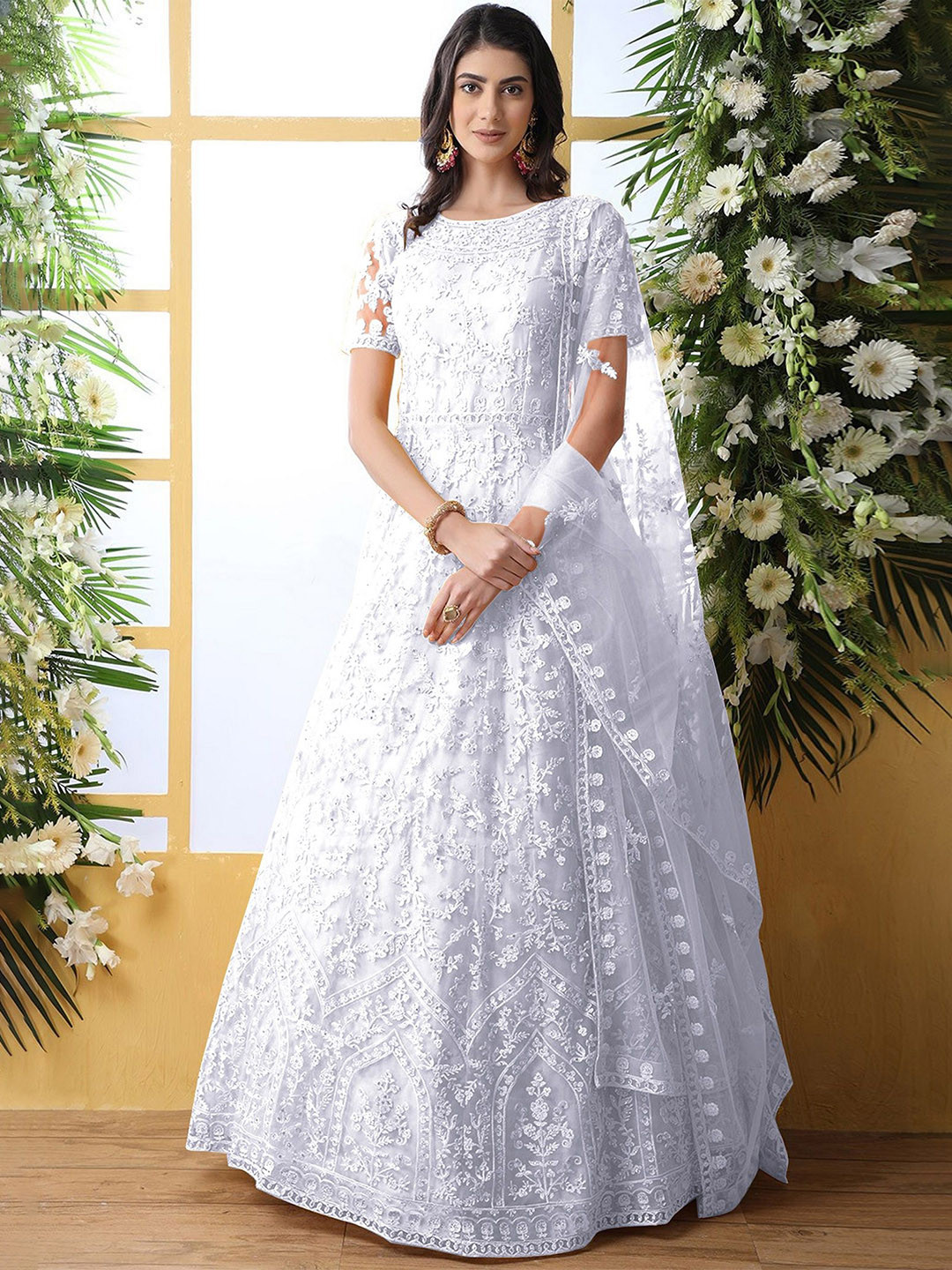 Girls Floral Zari Embroidered Flared Ethnic Dress