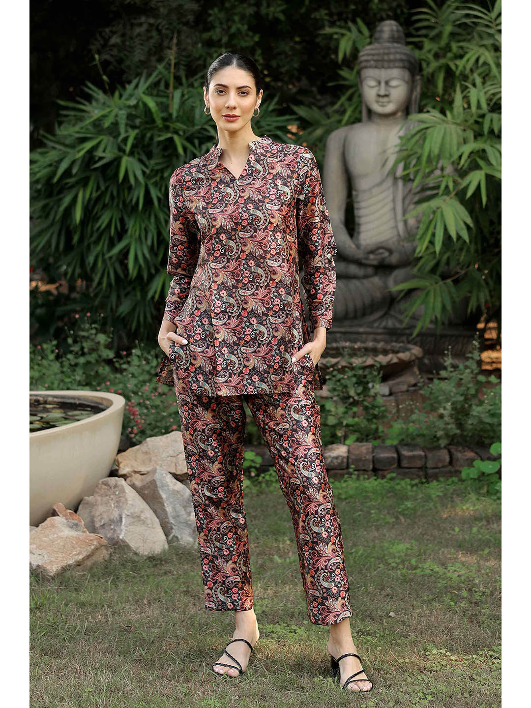 Antheaa Embellished Mandarin Collar Long Sleeve Top With Trouser Co-Ords
