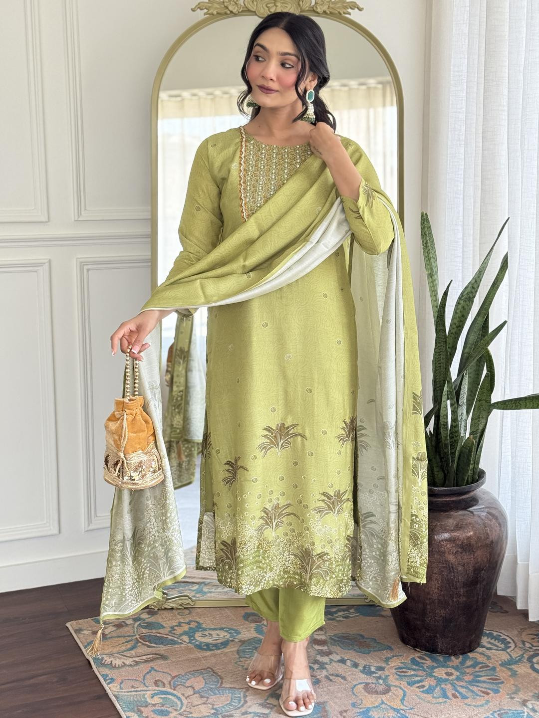 Women Rani Cotton Embroidered & Floral Printed Kurta with Pant & Dupatta