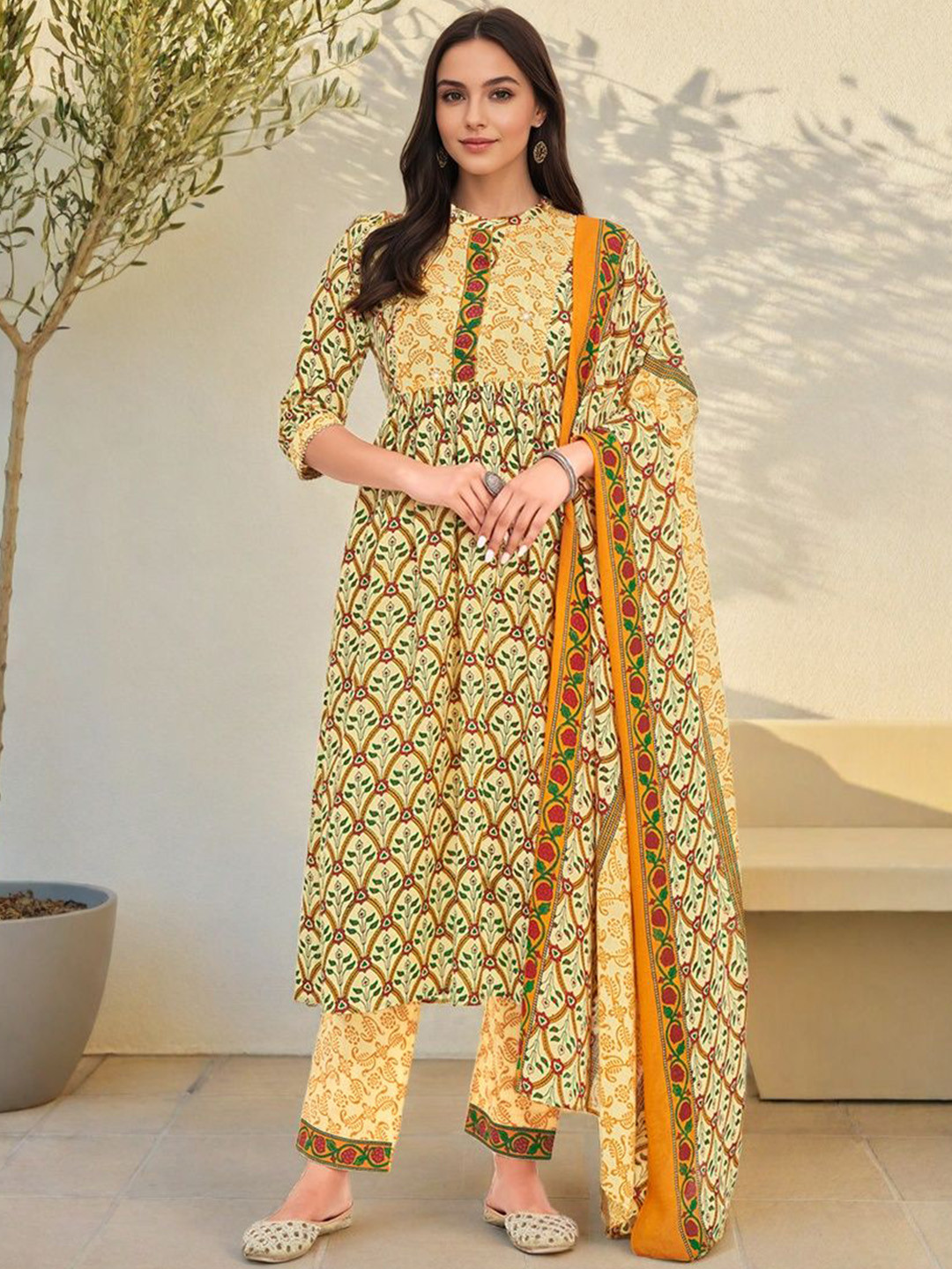 Women Multicolor Rayon Embroidered Mandarin Collar Kurta with Pant and Dupatta Set