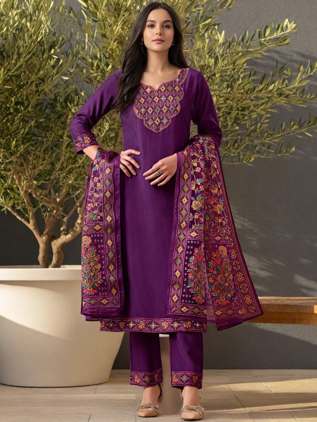 Cotton Straight Fit Kurta Featuring Shaped Waist, Coordinated Print Yoke and Flared Bell Sleeves