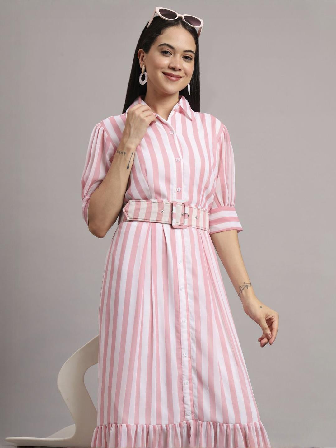 Women Liva Multicolor Stripe Print Dress With Georgette Ethnic Jacket