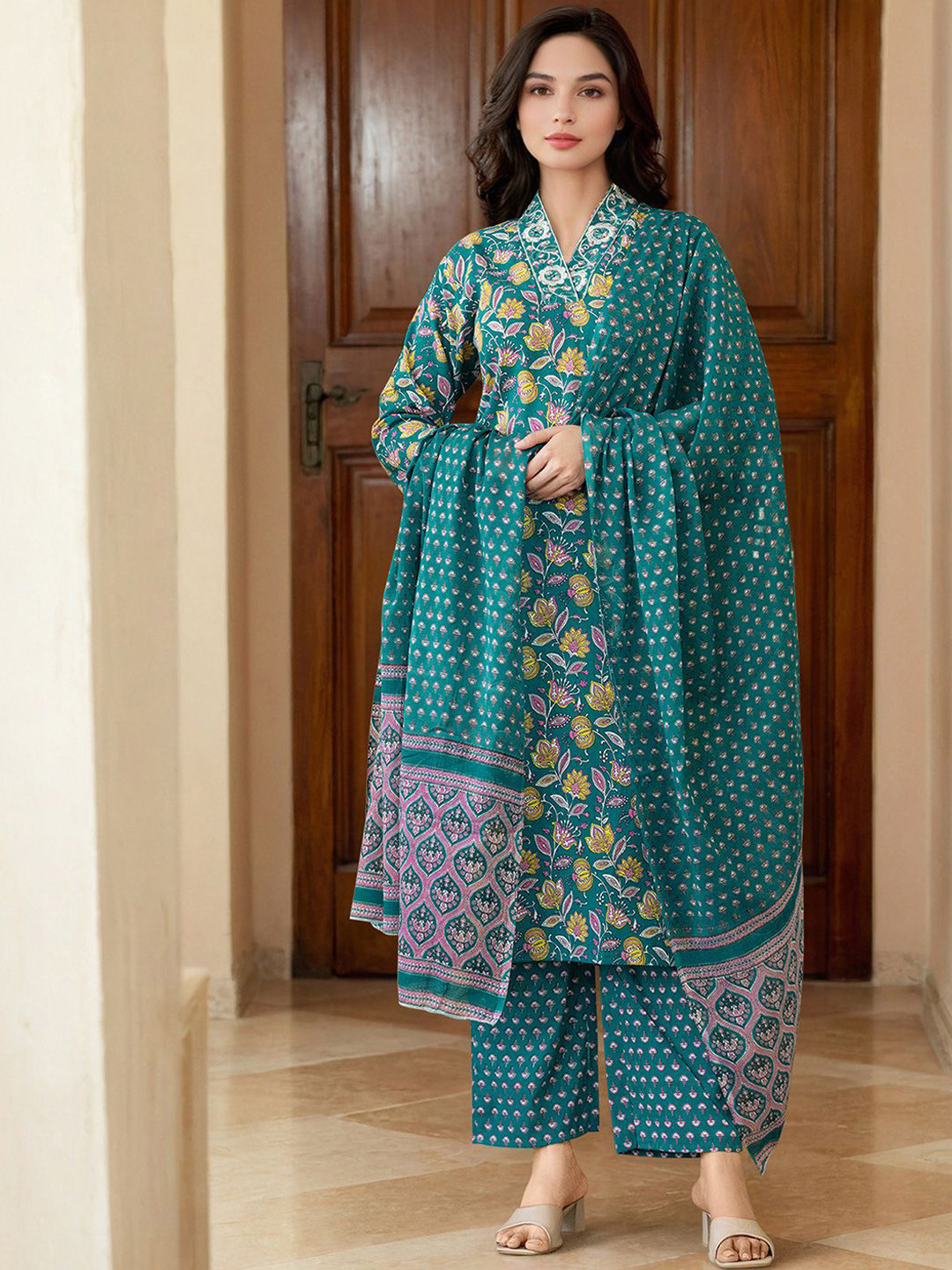 Floral Printed Calf Length V Neck Kurti And Palazzo Set For Women (K200)