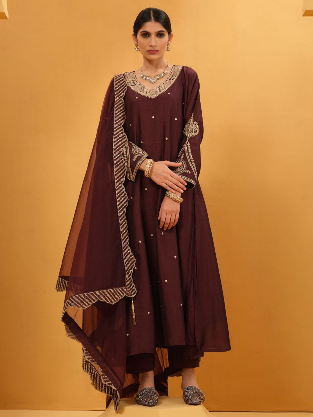 Floral Embroidered Thread Work Anarkali Kurta & Trousers With Dupatta