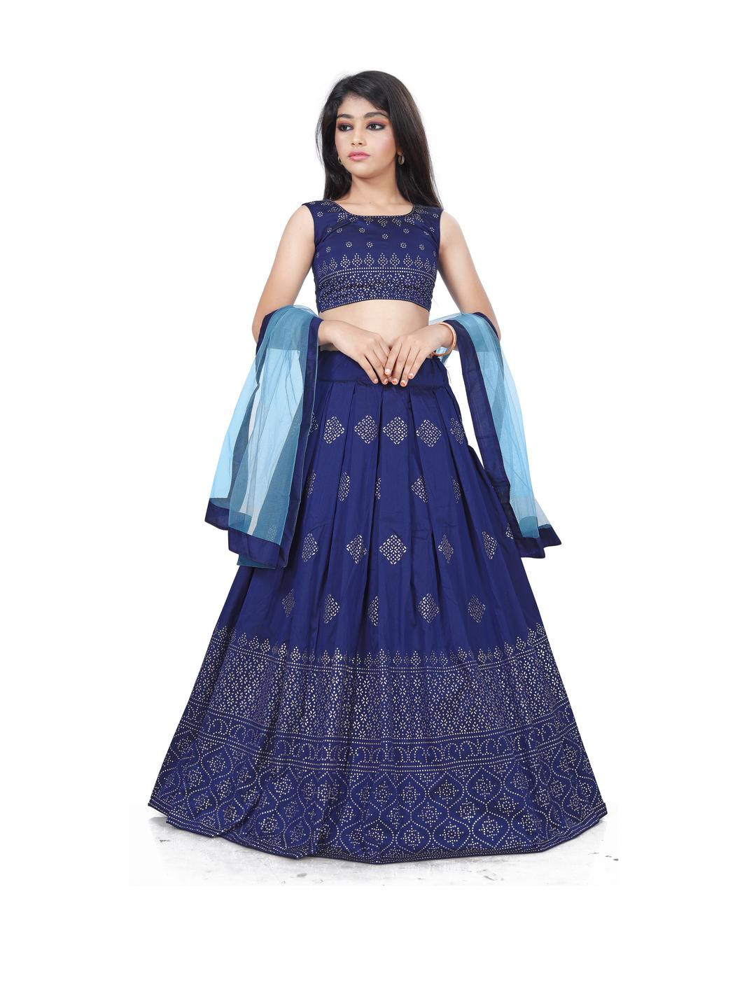 Girls Red & Yellow Printed Ready To Wear Lehenga & Blouse With Dupatta main image 1