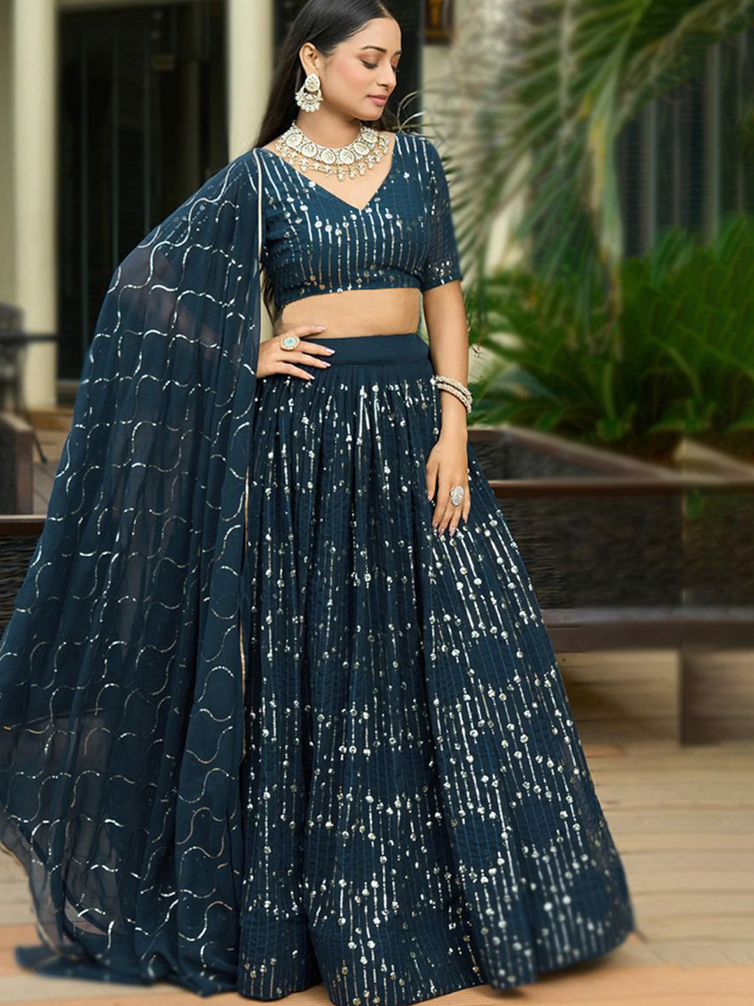 Teal Embroidered Sequinned Semi-Stitched Lehenga & Unstitched Blouse With Dupatta