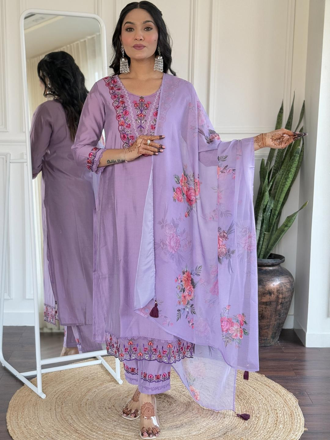 Women Purple Viscose Chanderi Silk Kurta Set With Pant And Duppata Set