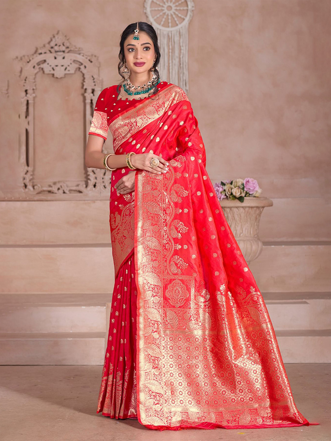 Rama Varni Fabrics Women Geometric Banarasi Silk Tassels and Latkans Saree comes With Matching Blouse