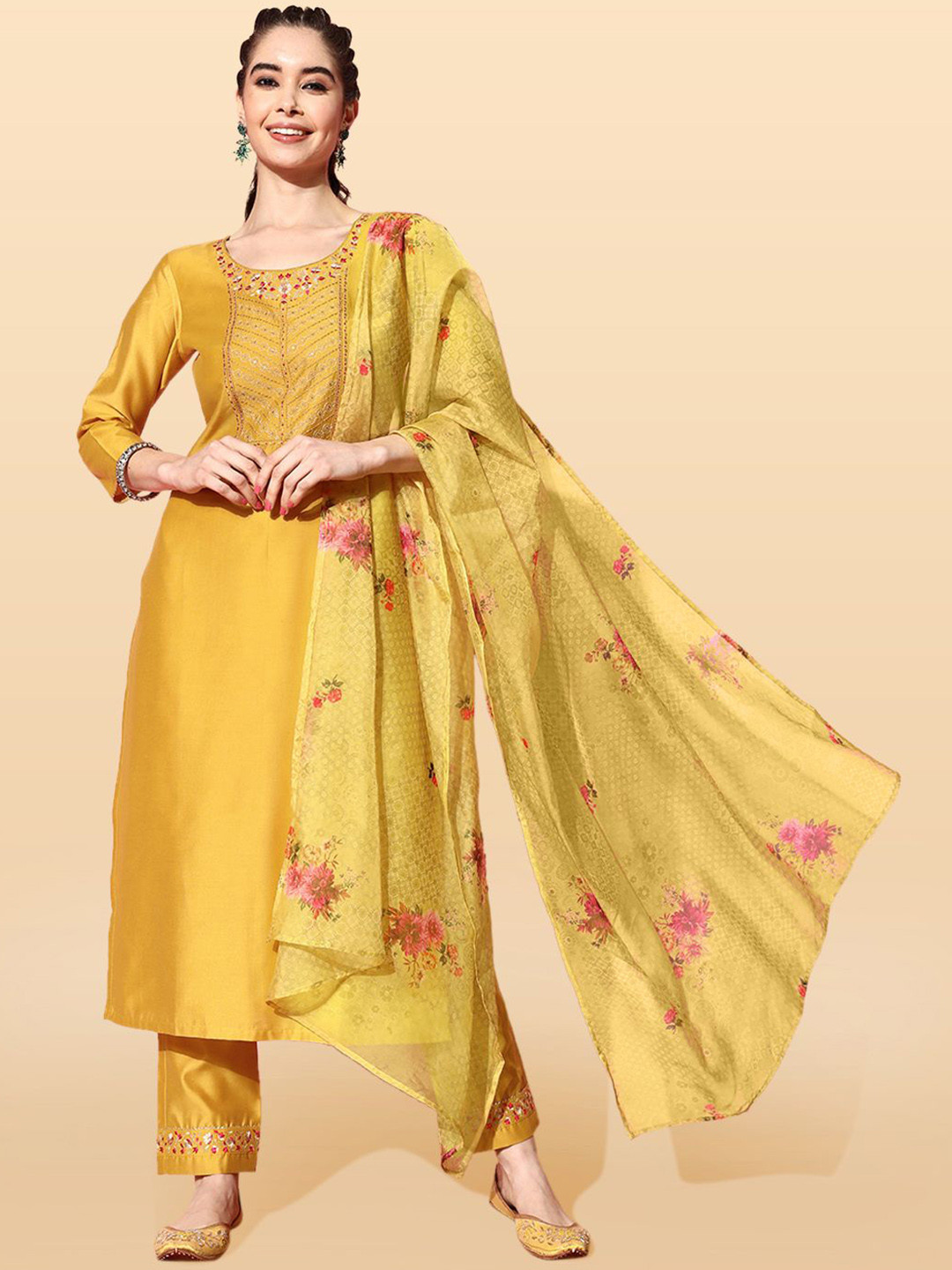 Women Floral Embroidered Sequinned Kurta with Trousers & Dupatta