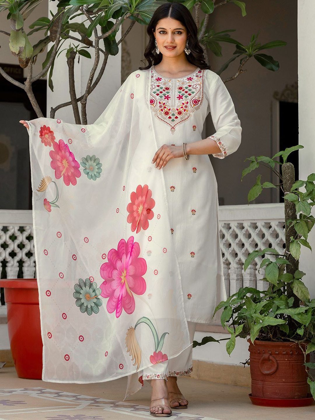 Floral Embroidered Round Neck Sequinned Straight Kurta With Palazzos & Dupatta