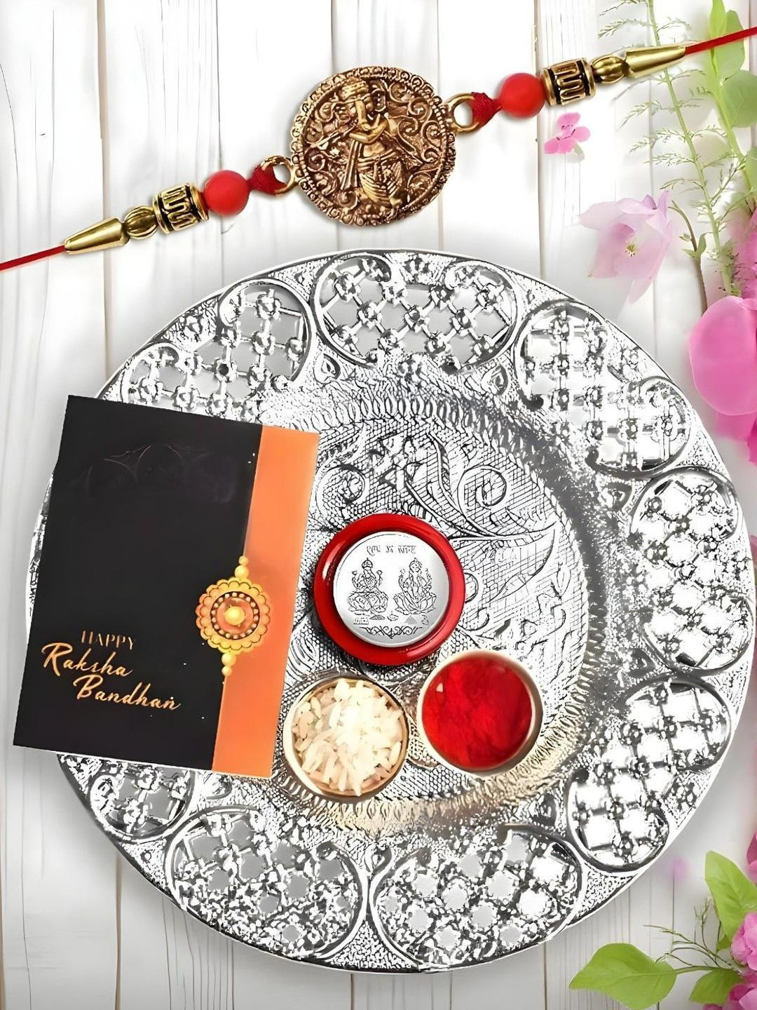 Buy Multicolor Rakhi Combo With Pooja Thali, Pooja Coin, Roli Chawal ...