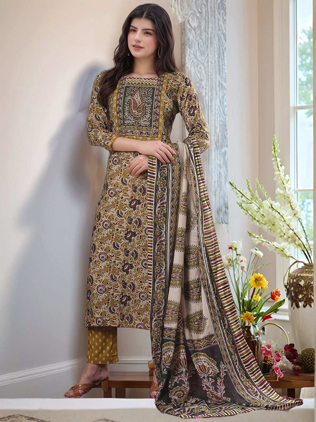 Ethnic Motifs Printed A-Line Kurta with Trousers & Dupatta