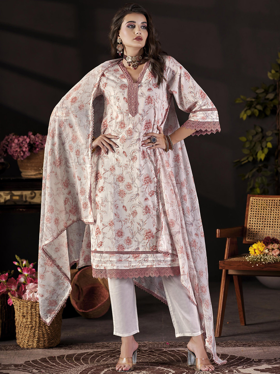 Women Floral Embroidered Pink V Neck pure cotton kurta with trouser & dupatta Set main image 1