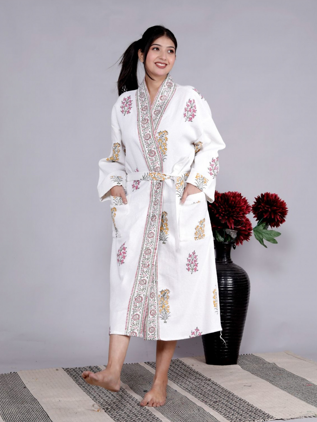 Buy LIVING ROOTS Blue & White Handblock Printed Cotton Bathrobe - Bath ...