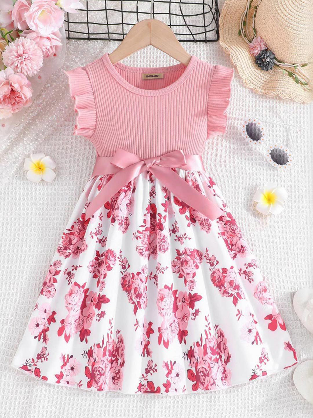 Girls Floral Print Flared Sleeve Fit and Flare Frock Dress