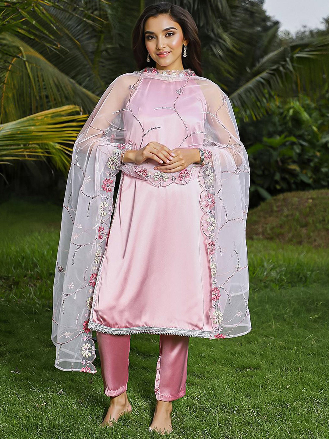 Women Solid A-Line Kurta with Trousers & Dupatta