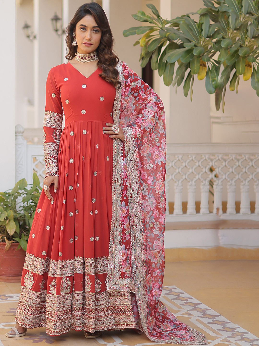 Women's Graphic Orange Anarkali Kurta Set with Dupatta