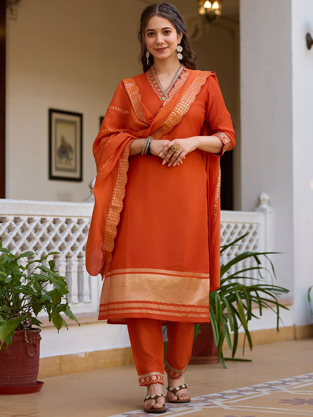 Women Floral embroidered v_neck cotton Kurta with trouser And Dupatta