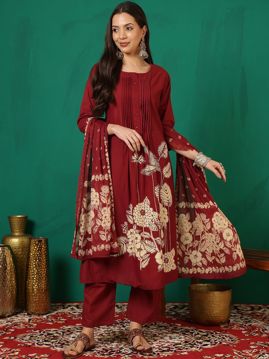 Women Floral embroidered Pure Cotton round_neck Kurta Trouser & Dupatta Set