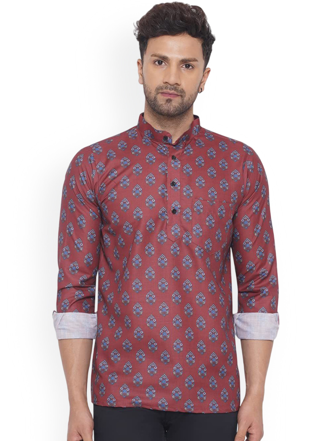 Camisa De Cuello Coreano Mill Brook De Lino Para Hombre En Azul Oscuro