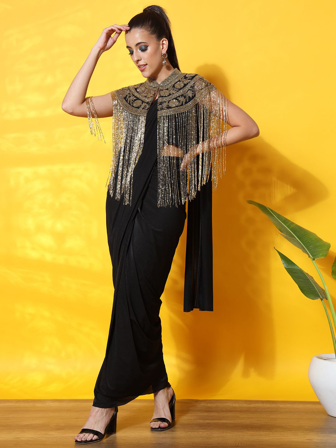 Chhabra 555 Mustard Ruffled Pre-Draped Lycra Saree with Frills and Velvet Crystal Embellished Blouse