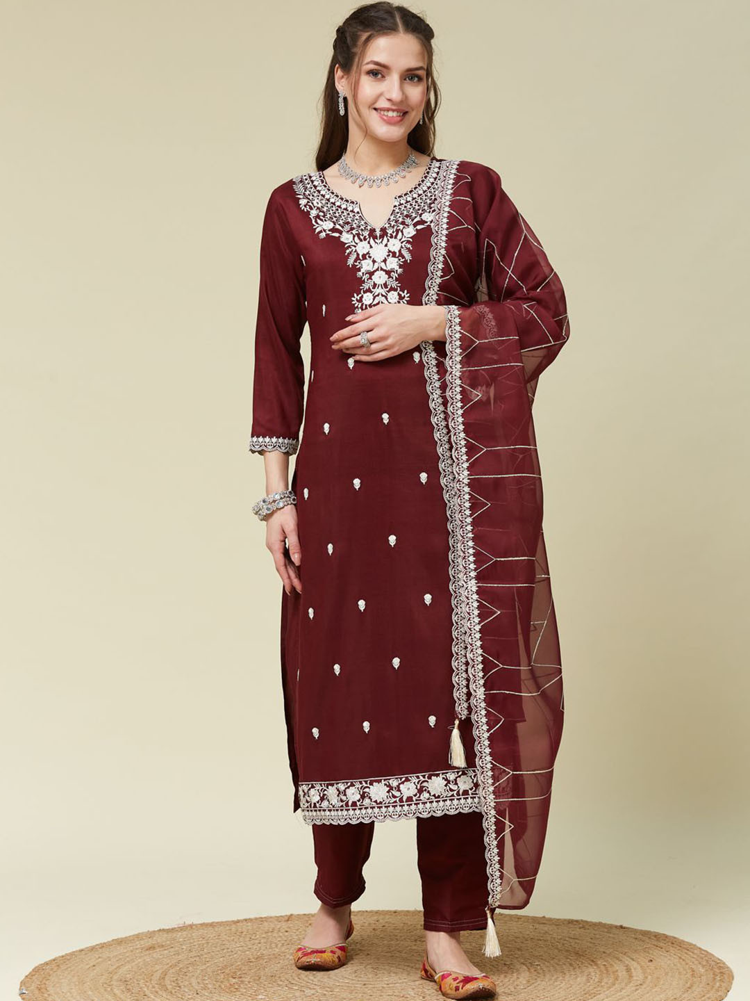Buy Colors Of Earth Women Embroidered Kurta With Pants & Dupatta ...