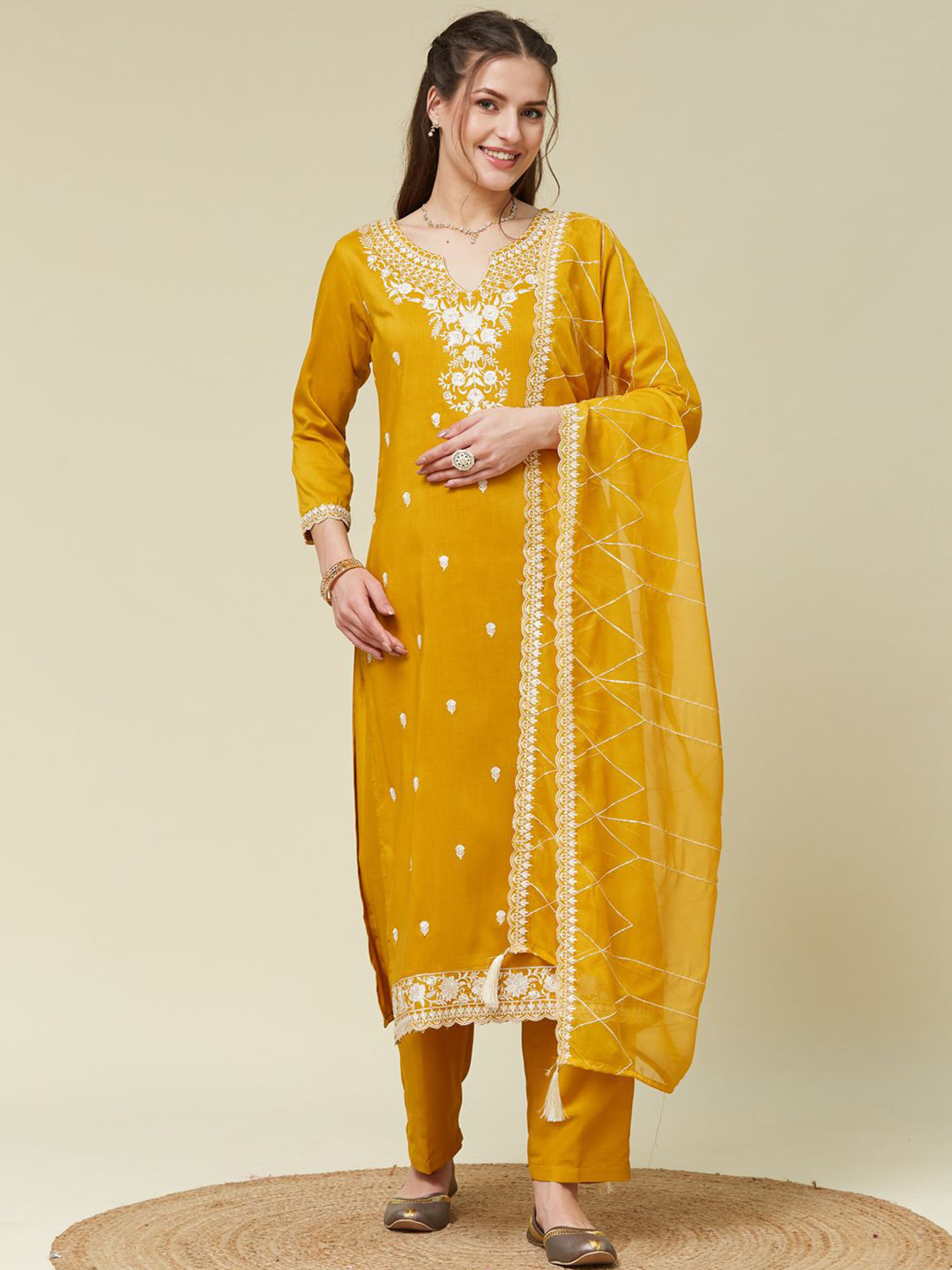Buy Colors Of Earth Women Embroidered Kurta With Pants & Dupatta ...