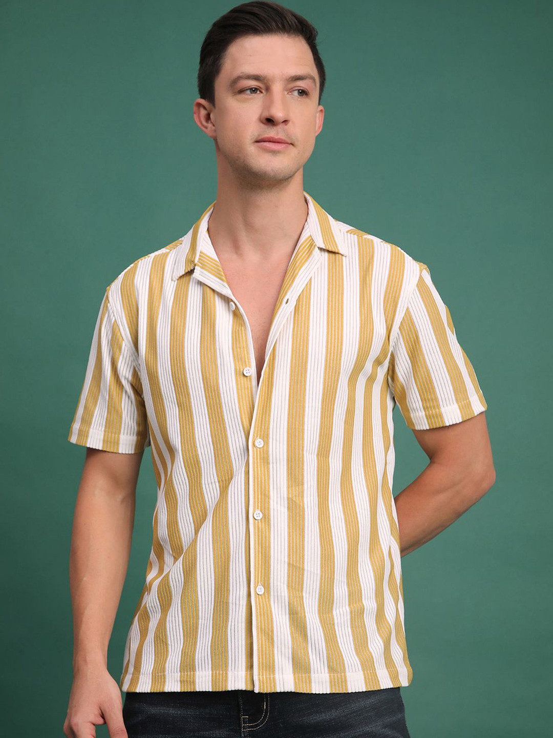 Men's Blue Standard Cuban Collar Vertical Striped Cotton Relaxed Fit Casual Shirt