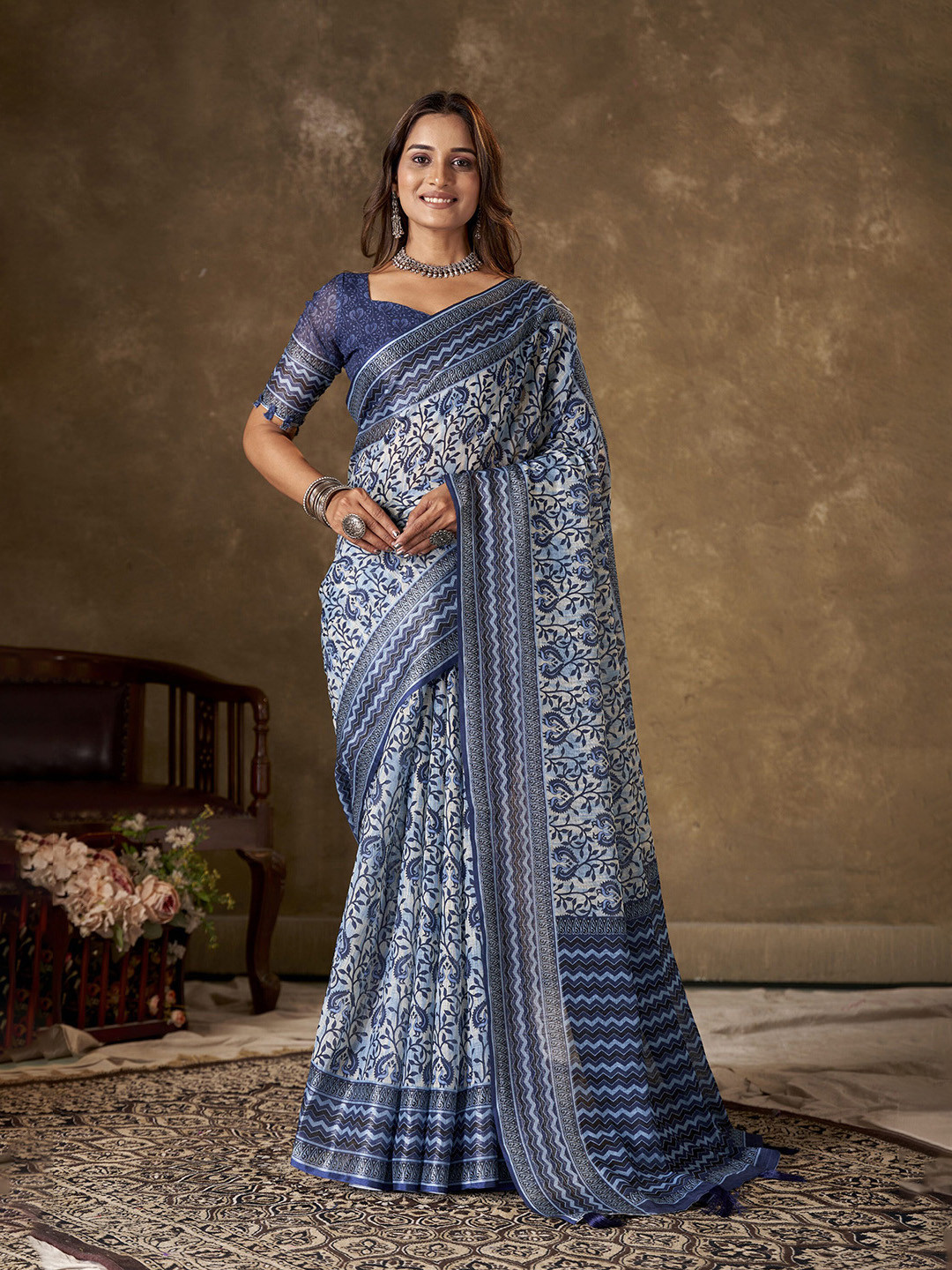 Women Casual Wear Printed Pure Chanderi Cotton Saree With Un Stitched Blouse