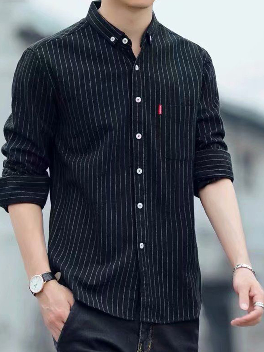 Boyfriend White & Black Striped Cotton Button Up Collared Shirt main image 0