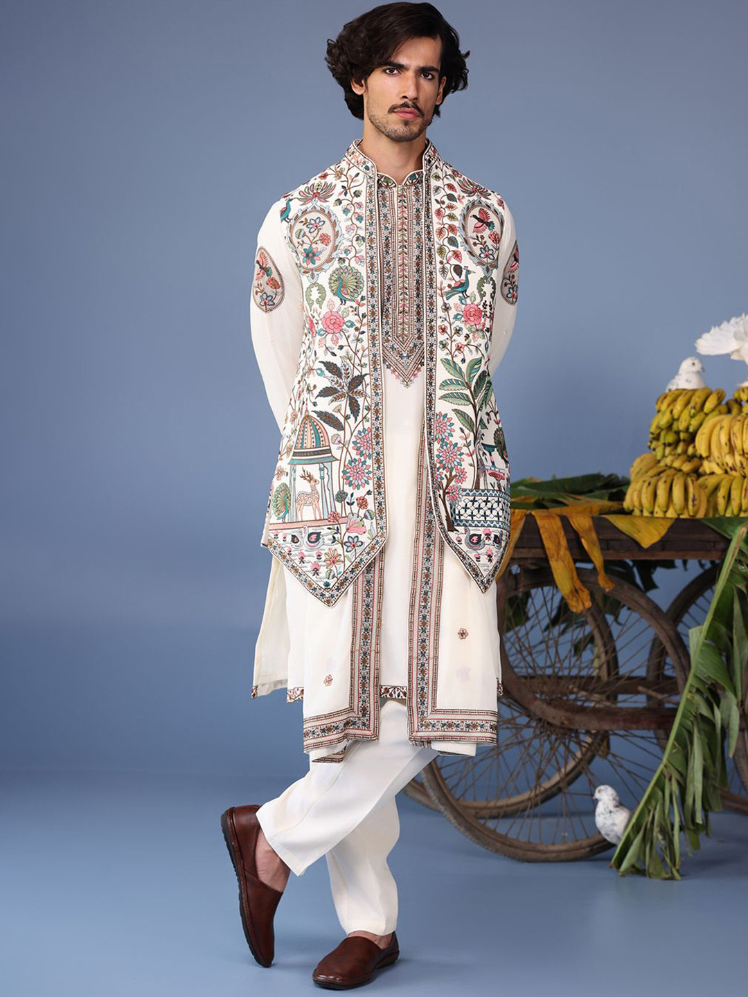 Embroidered Kurta with Dupatta Set for Men