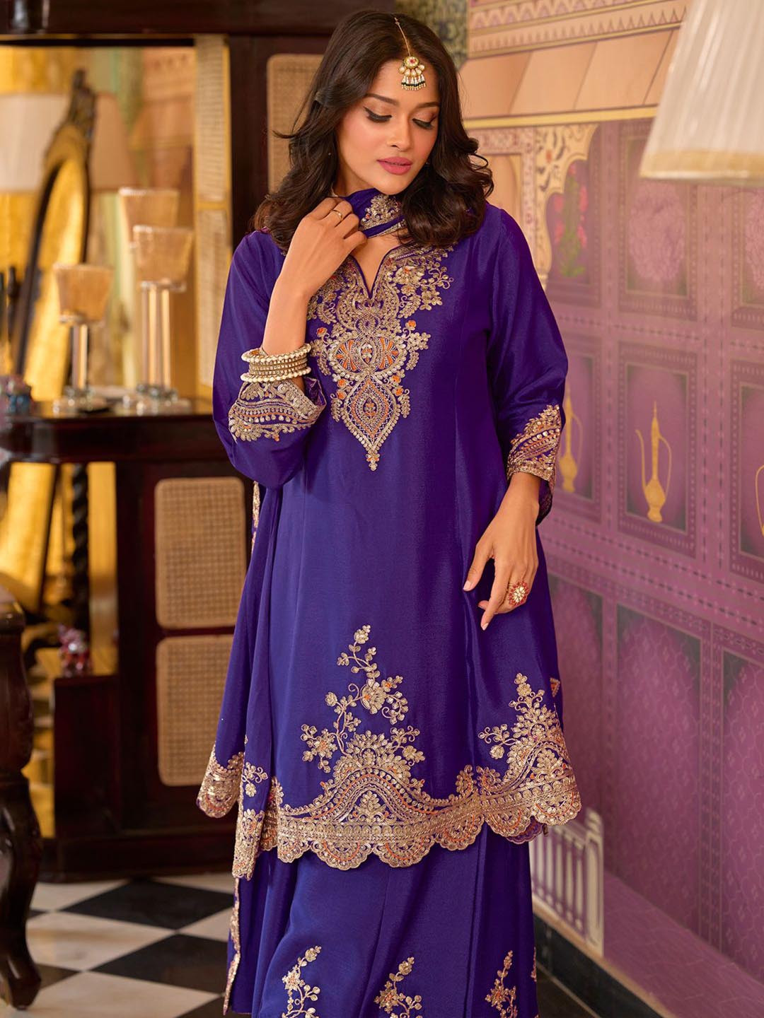 Plus Size Floral Embroidered Chinon Straight Suit Set With Dupatta
