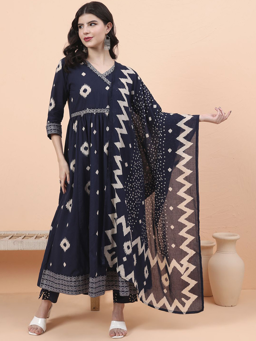 Women Ethnic Motifs Embroidered Angrakha Sequinned Kurta with Trousers & With Dupatta