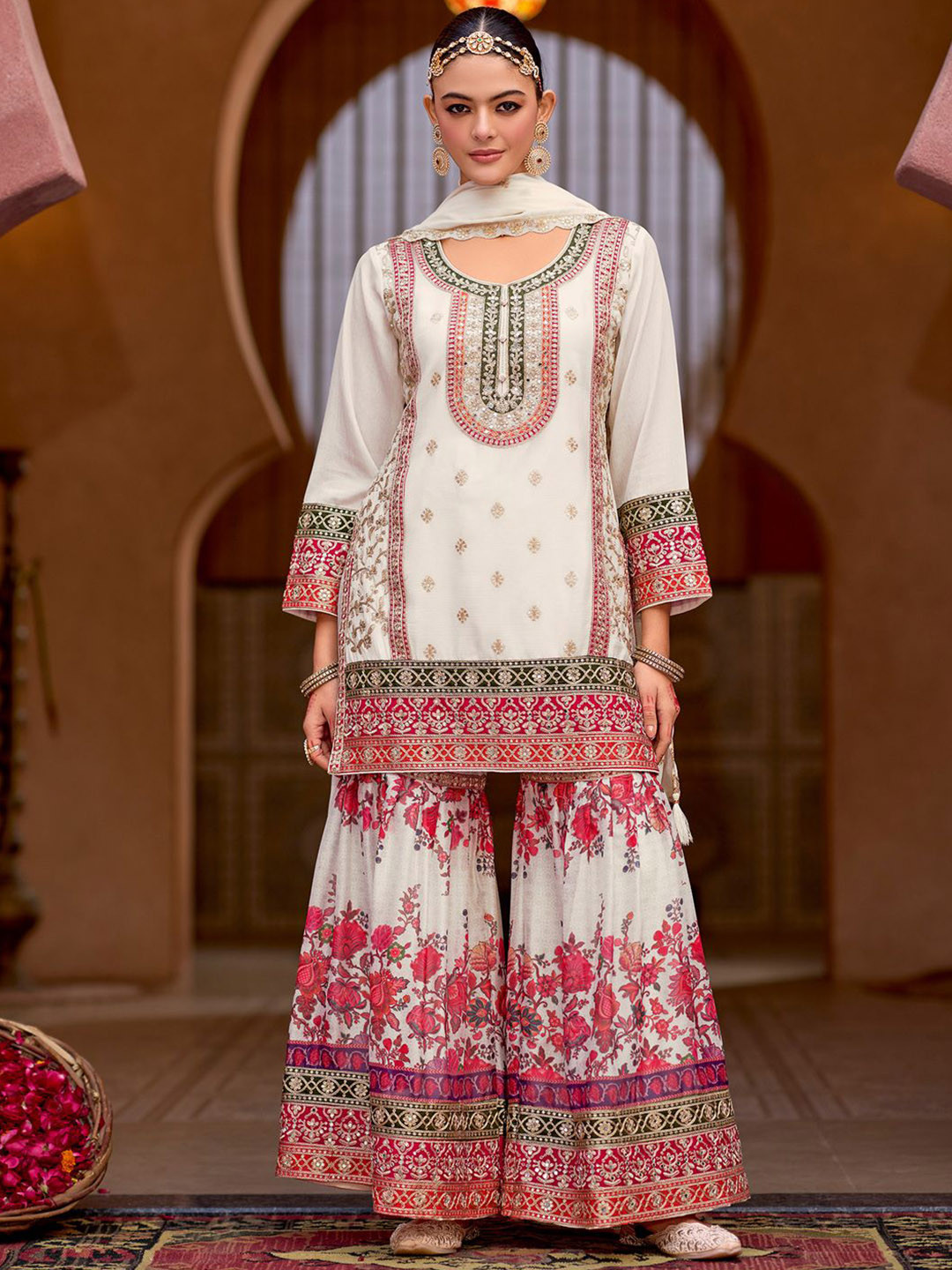 Plus Size Floral Embroidered Thread Work Straight Kurta With Sharara & Dupatta