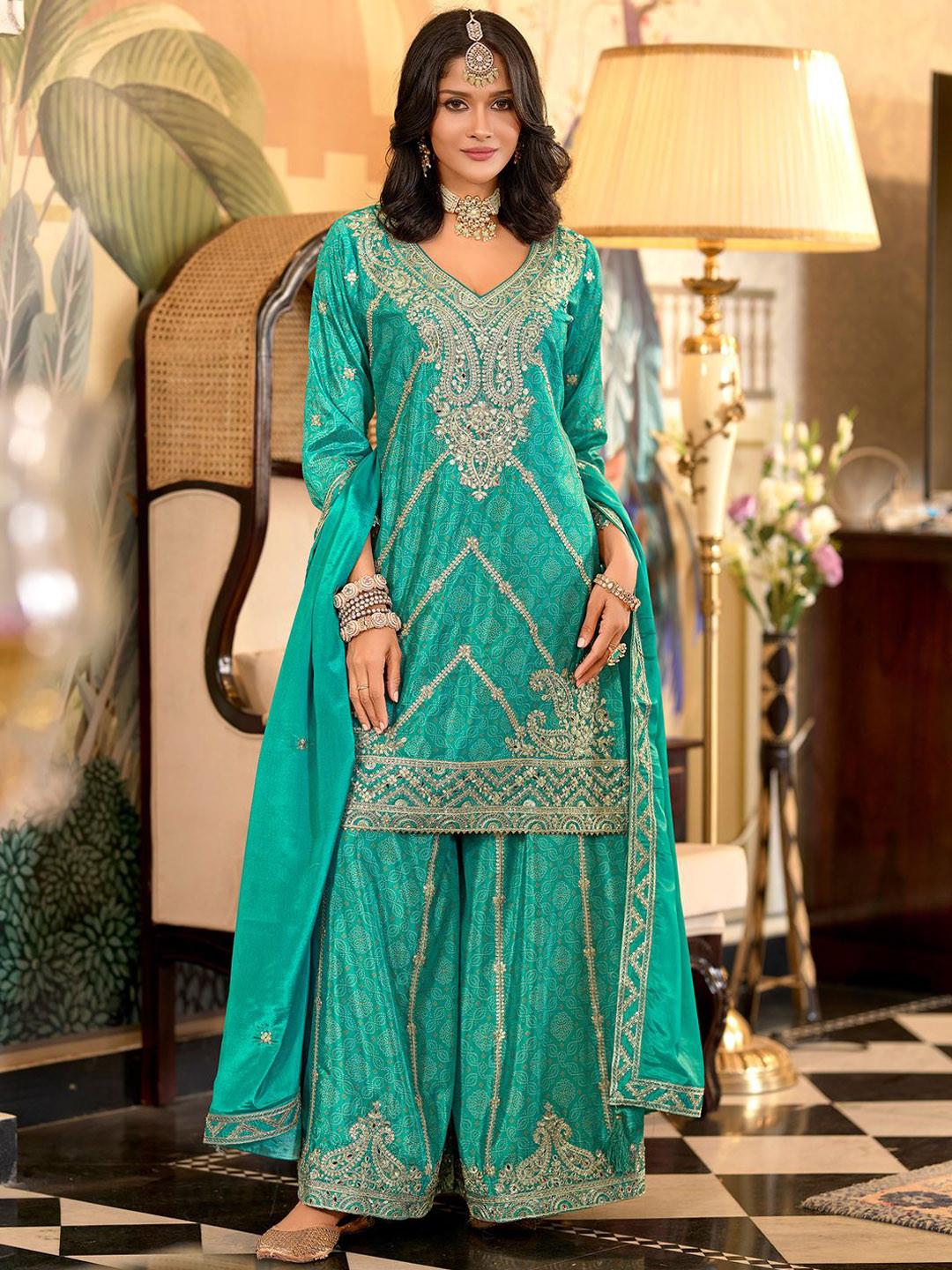 Women Ethnic Motifs Embroidered Sequinned Kurta With Palazzos & With Dupatta