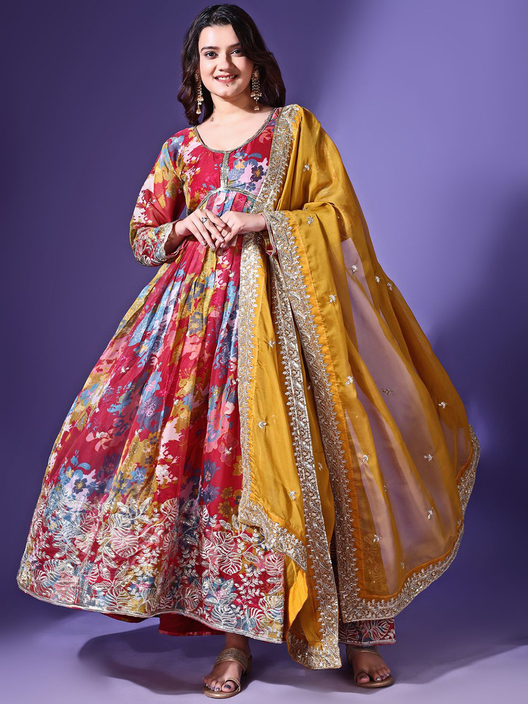 Women's Black Embroidered Georgette Anarkali Gown With Dupatta