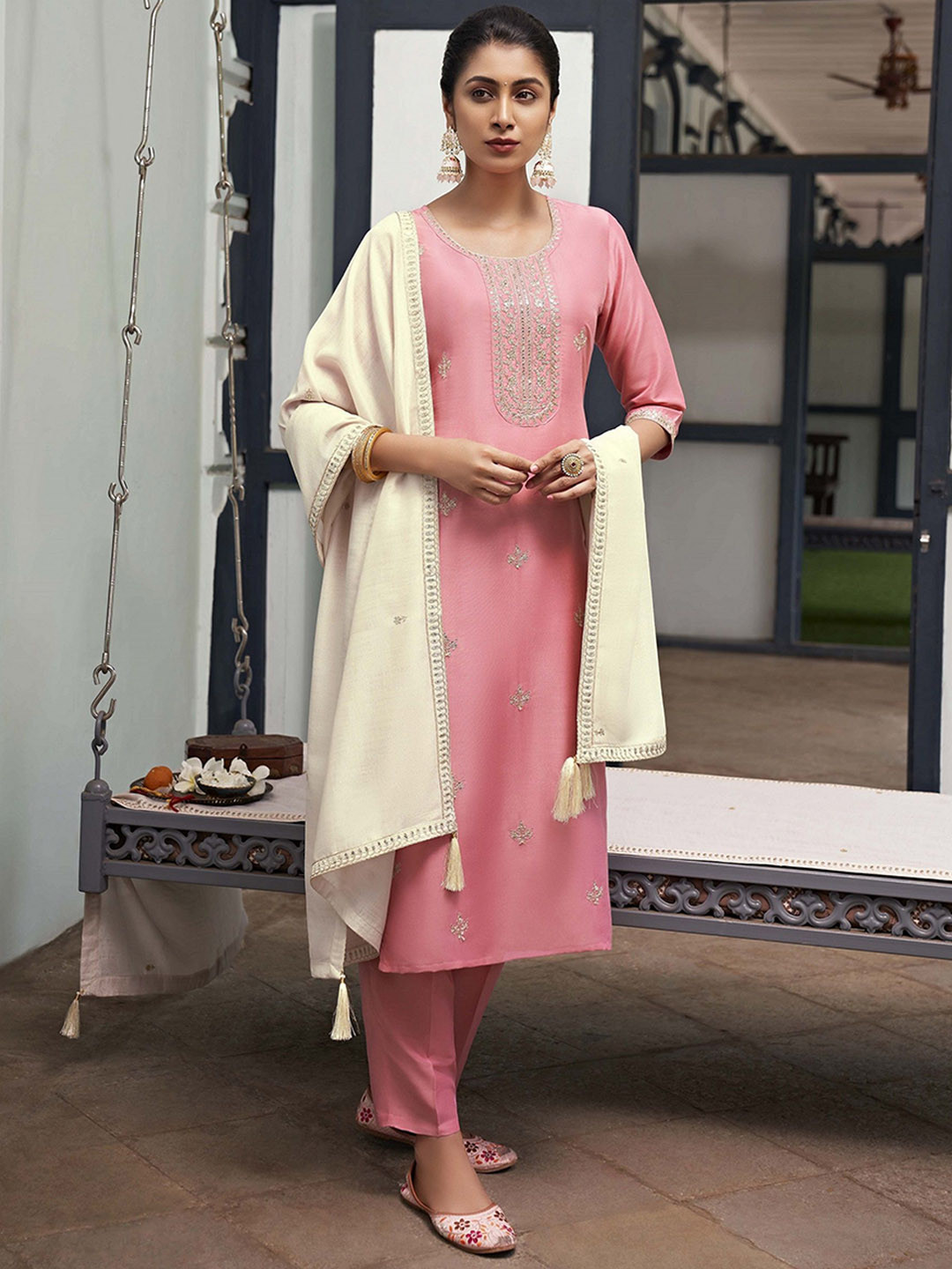 Buy Colors Of Earth Women Embroidered Regular Kurta With Trousers ...