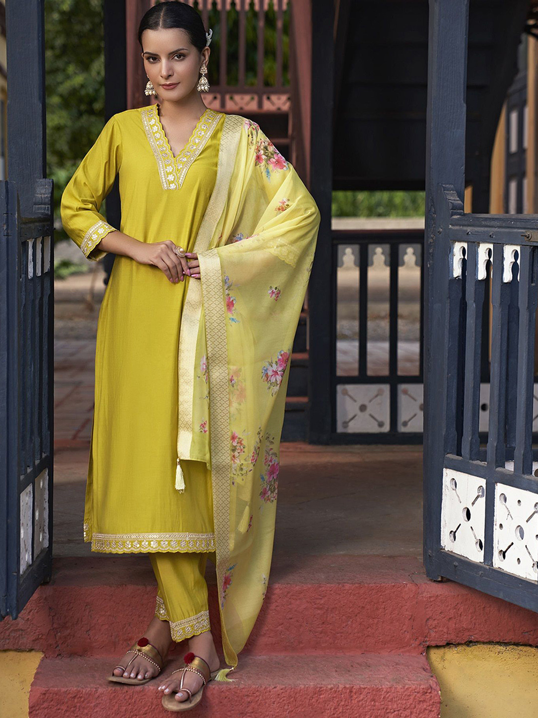 Buy Colors Of Earth Women Floral Embroidered Regular Sequinned Kurta ...