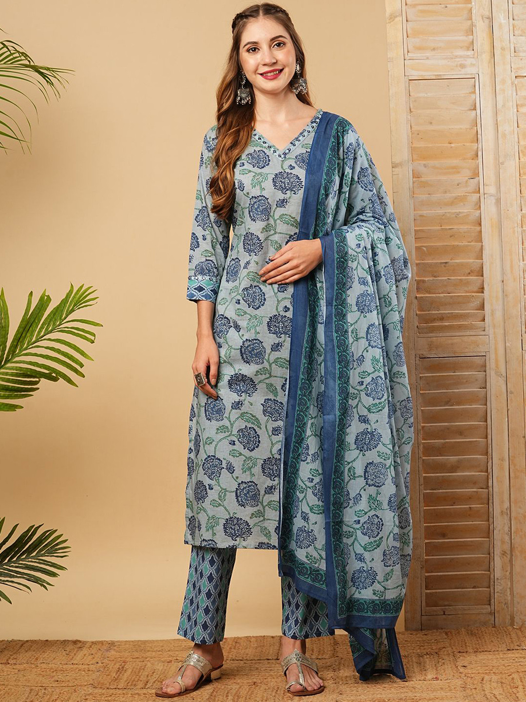 Women Floral Printed Pleated Mirror Work Pure Cotton Kurta with Palazzos & Dupatta