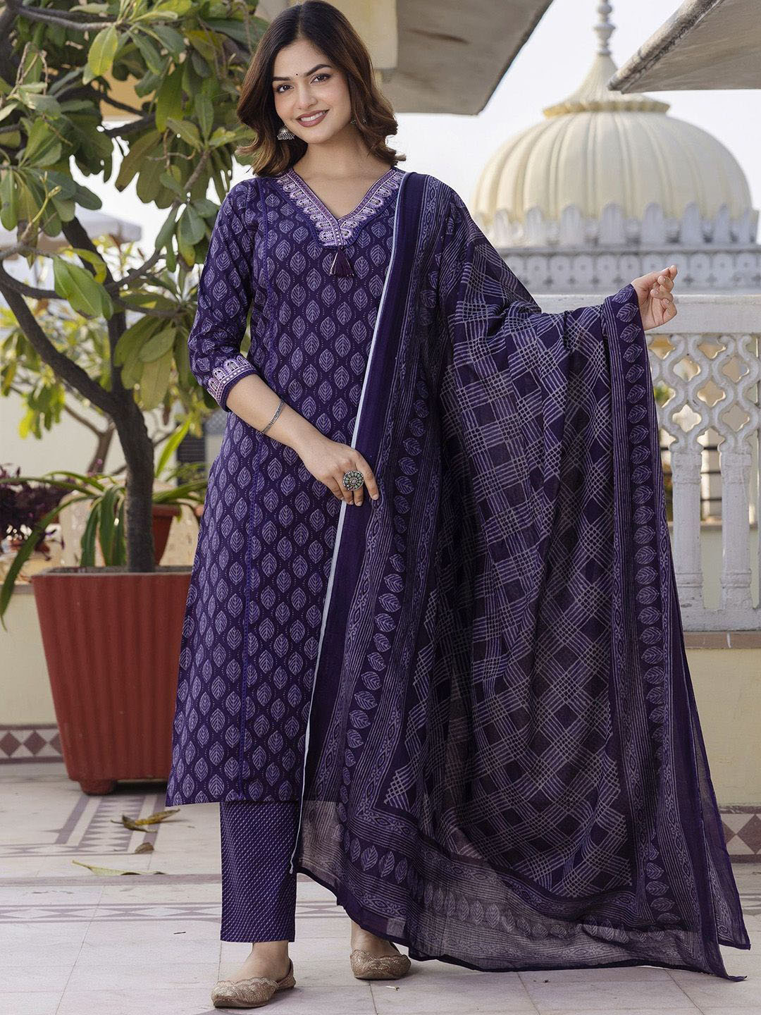 floral Printed Brown V-neck pure cotton kurta with trouser & dupatta main image 0