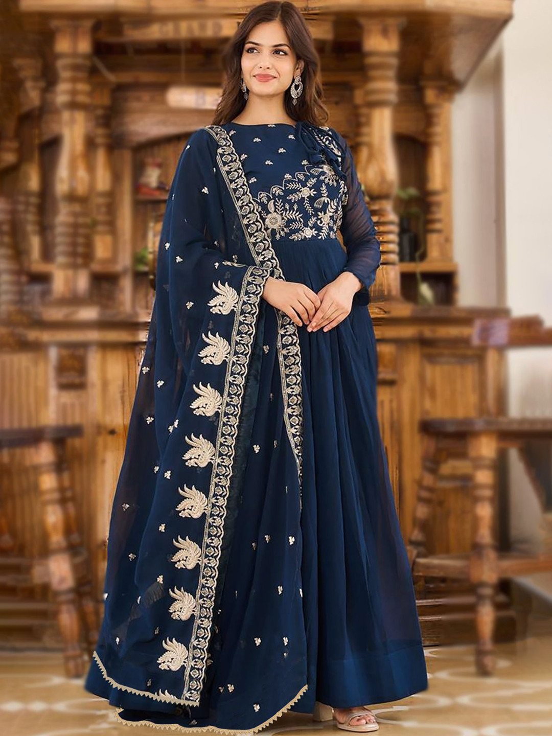 Floral Mukaish Embroidered Floral Georgette Notch-Neck Anarkali Kurta With Dupatta