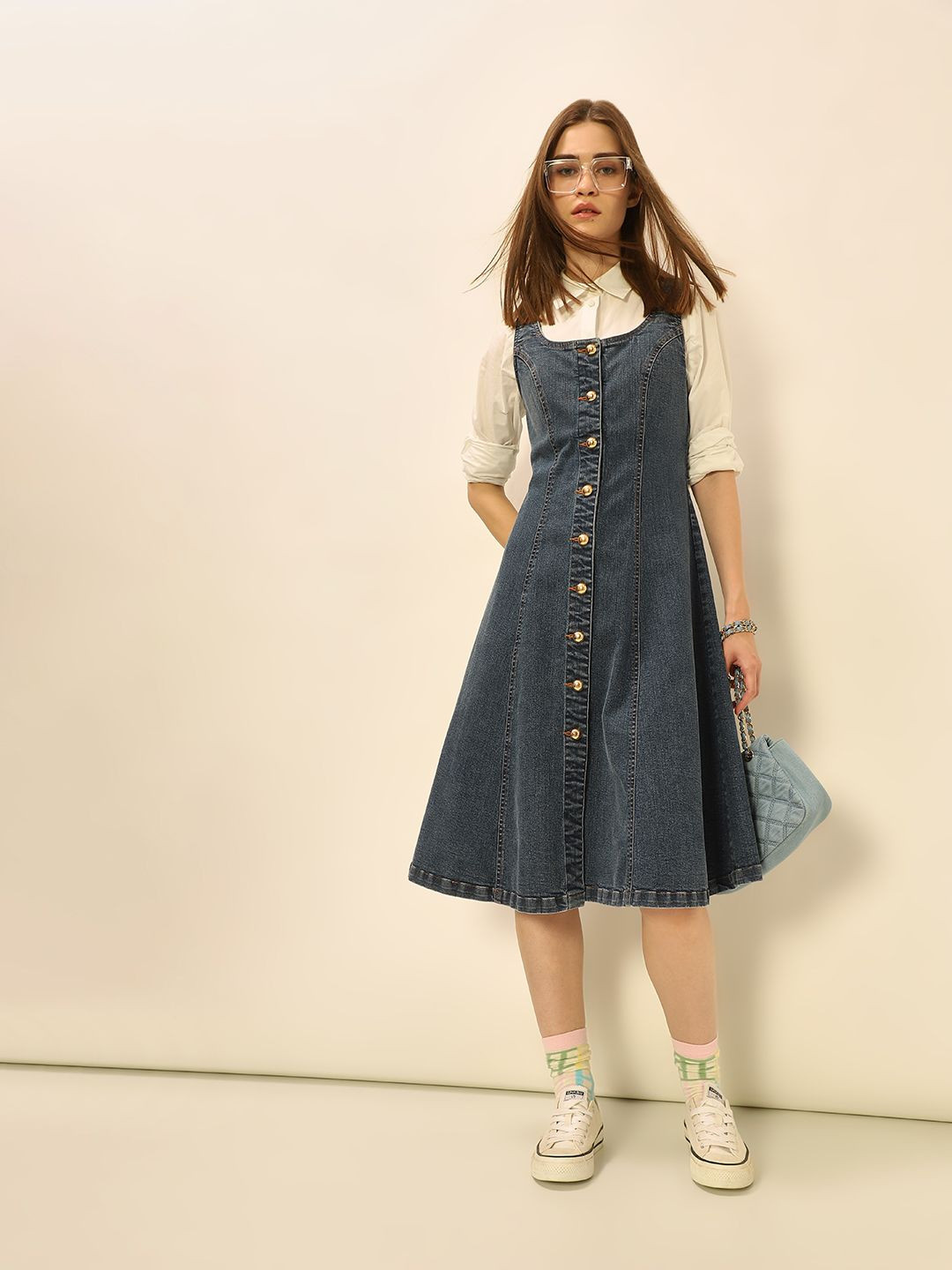 Solid Denim Button Down Fit n Flare Shirt Dress