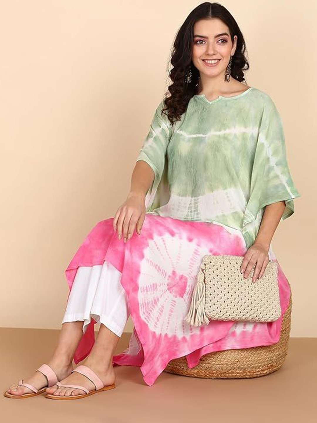 Women Black Calf Length Short Sleeves Kaftan Bandhani Dyed Cotton Kurta