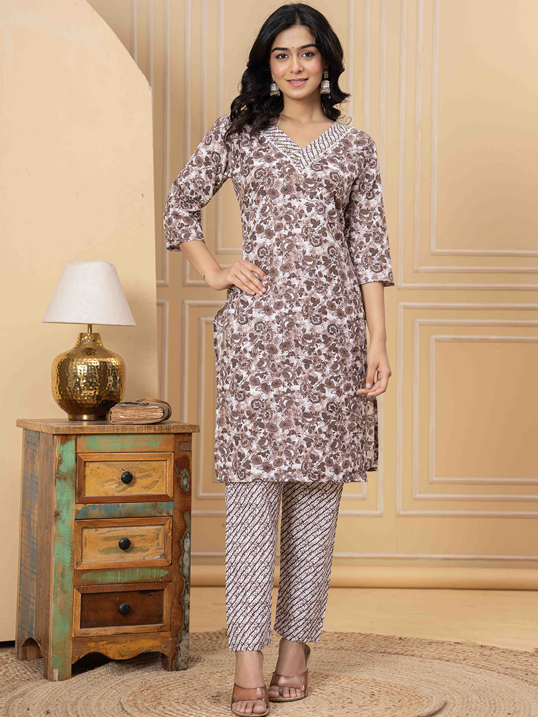 Women Floral embroidered brown v_neck Pure Cotton Kurta Set With Trouser & Dupatta